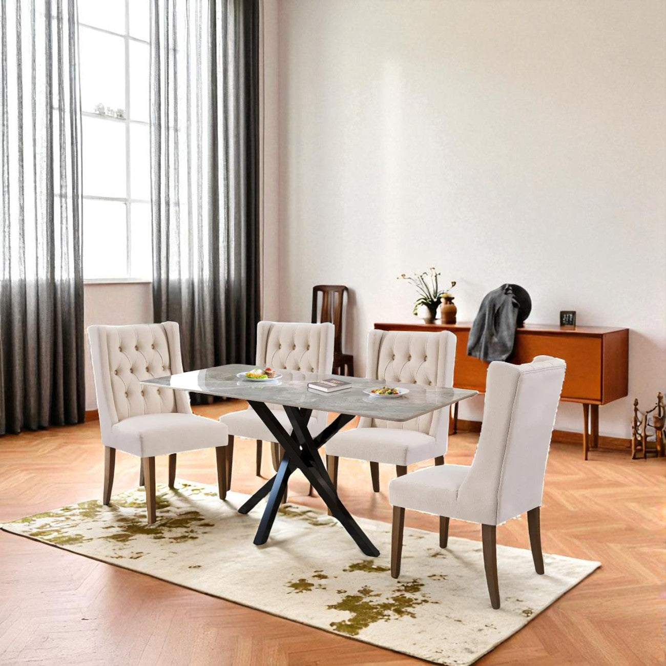 AREZZO WHITE WITH 4 ANDREA GREY CHAIRS DINING SET