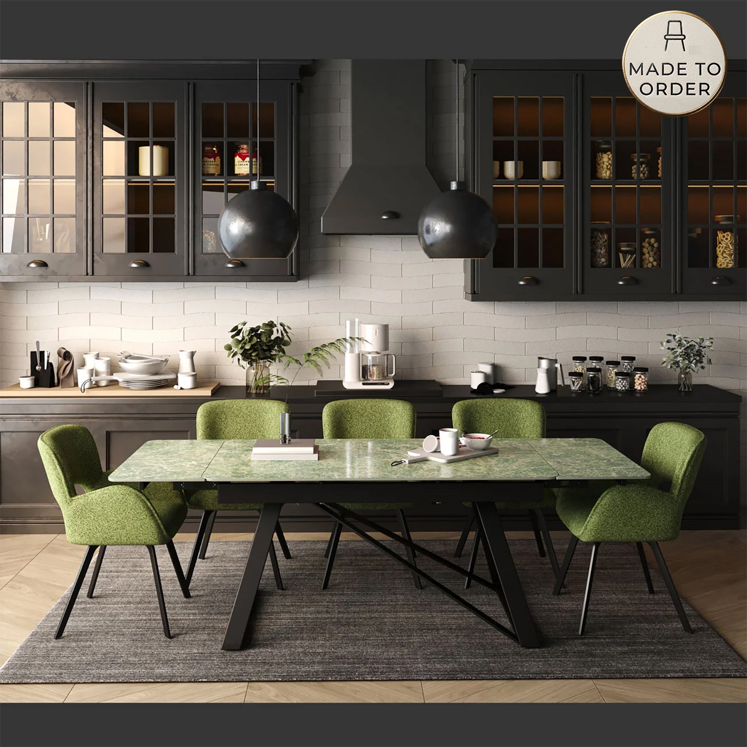 DS-23 .VICENZA TABLE GREEN WITH 6 BRUTUS GREEN CHAIR