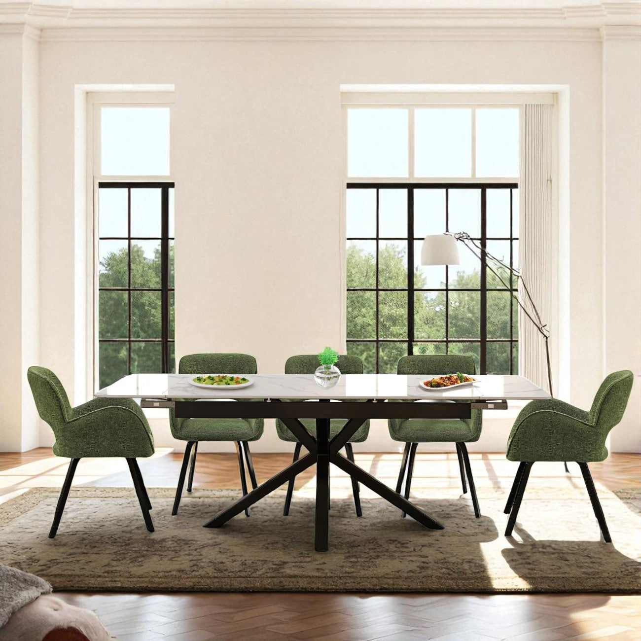 SAVONA BEECH WITH 6 BRUTUS GREEN  CHAIRS DINING SET