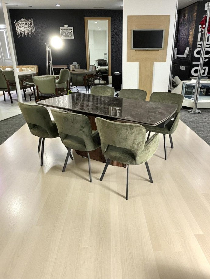 AURELIA PEDISTAL WITH 6 BRUTUS GREEN CHAIRS DINING SET