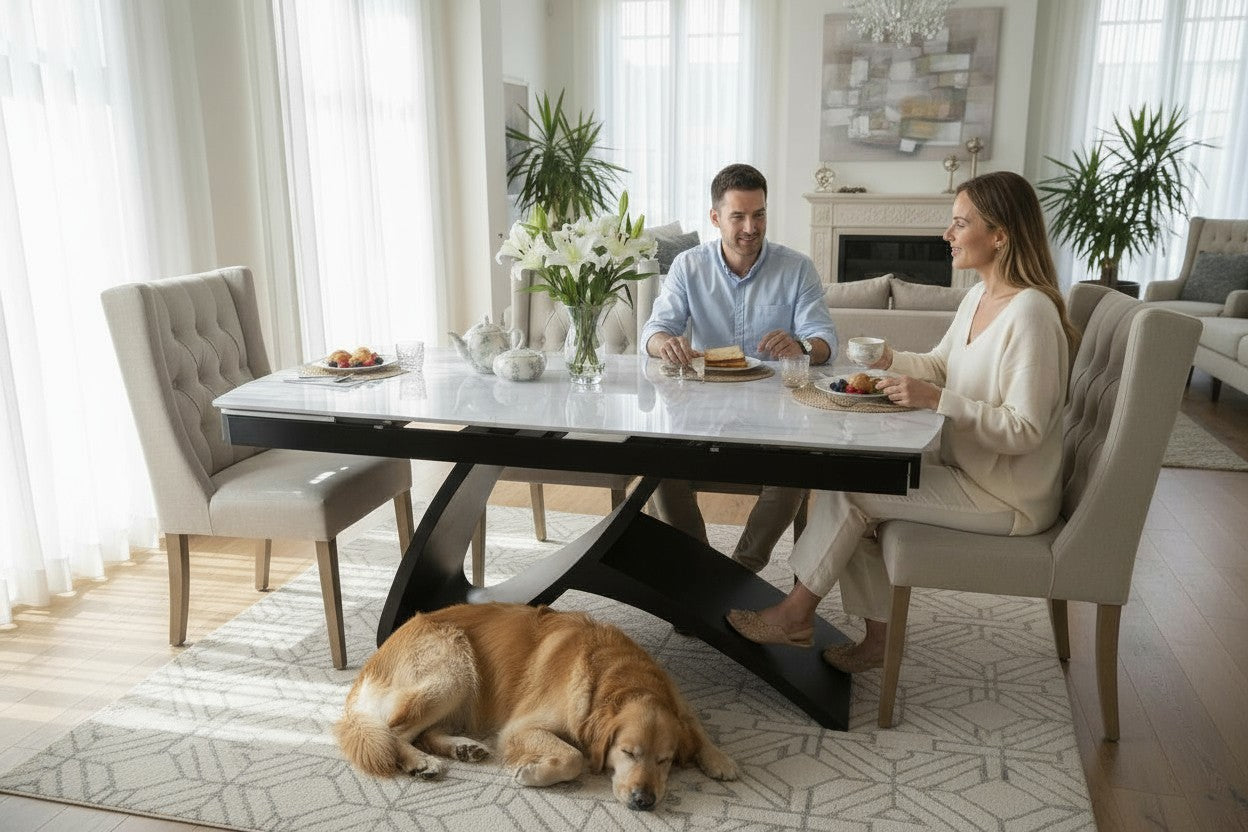 AURELIA WITH INFINITY LEGS GREY WITH  6 BALBOA WHITE CHAIRS DINING SET