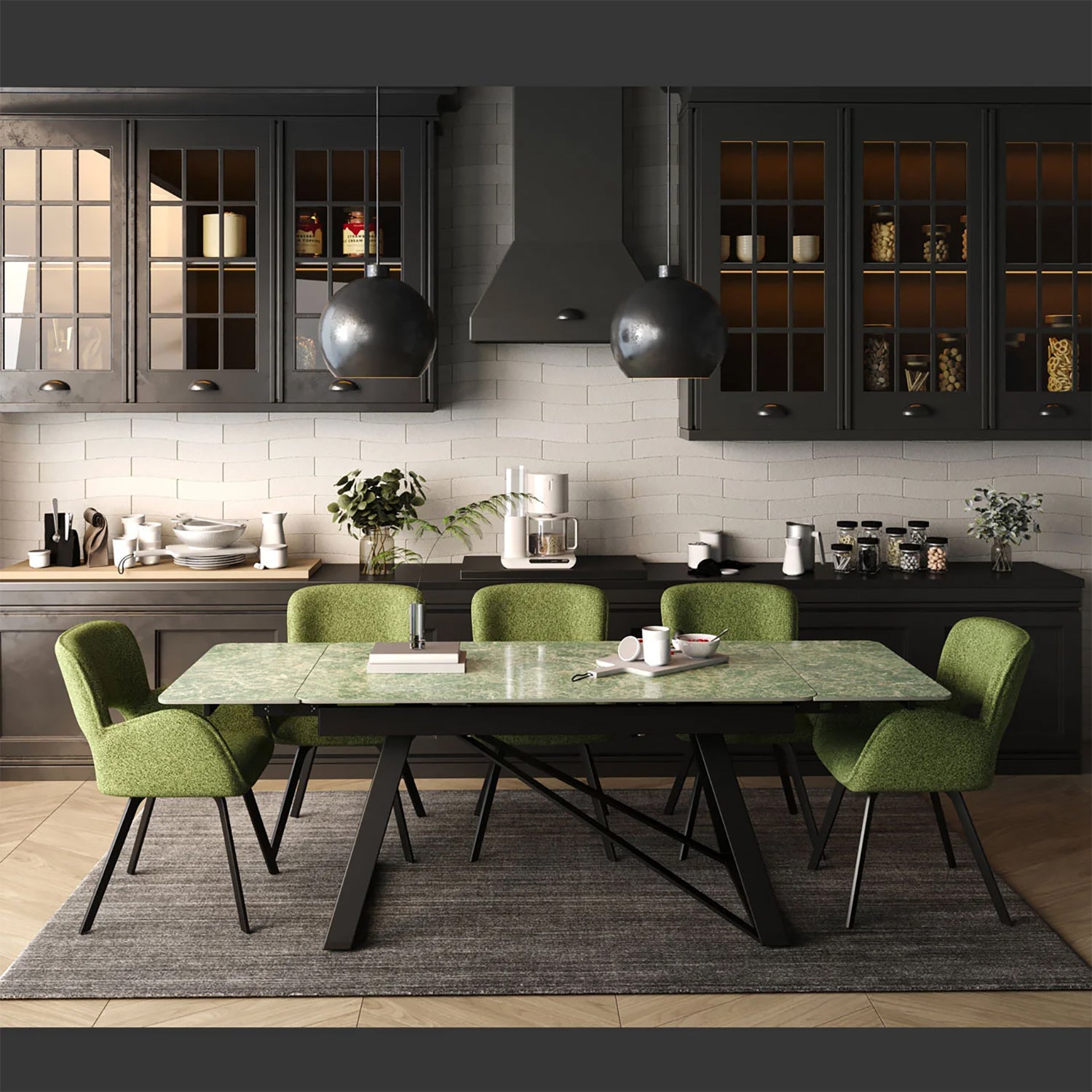 DS-23 .VICENZA TABLE GREEN WITH 6 BRUTUS GREEN CHAIR