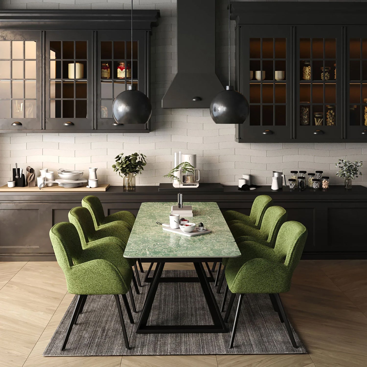 DS-23 .VICENZA TABLE GREEN WITH 6 BRUTUS GREEN CHAIR
