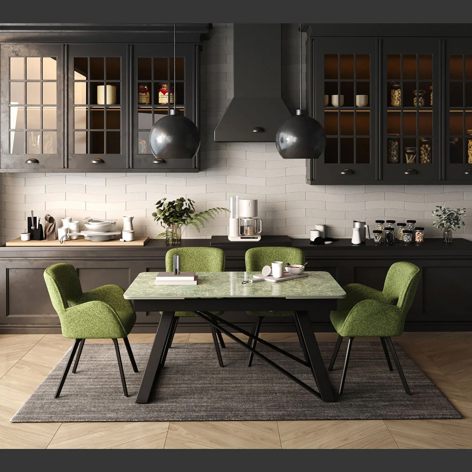 DS-23 .VICENZA TABLE GREEN WITH 6 BRUTUS GREEN CHAIR