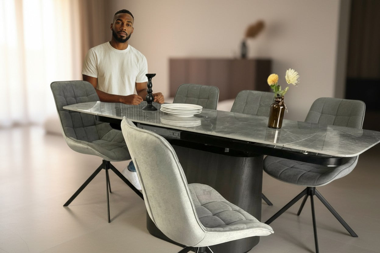 BELLUNO TWIST WOOD GREY WITH 6  LARKIN GREY 360 AUTO SPIN CHAIR DINING SET