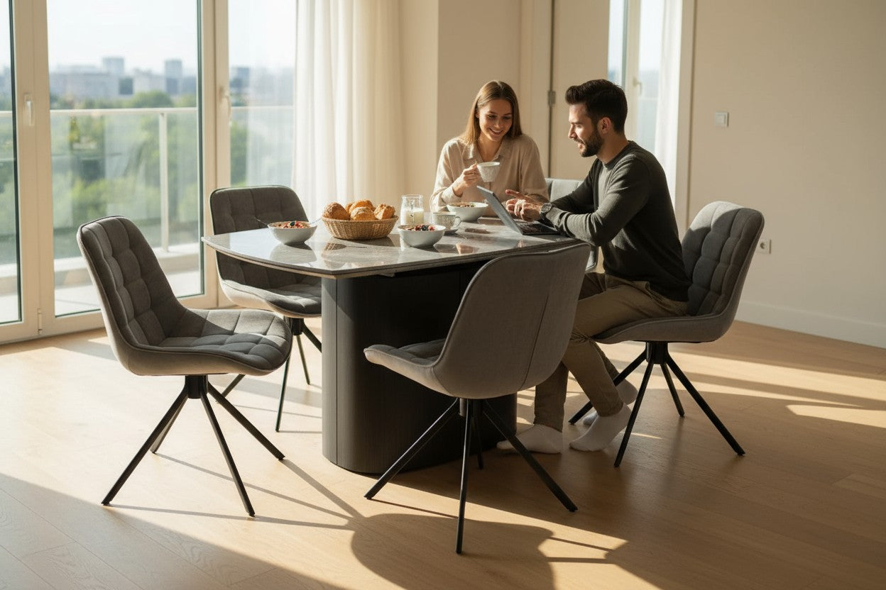 BELLUNO TWIST WOOD GREY WITH 6  LARKIN GREY 360 AUTO SPIN CHAIR DINING SET