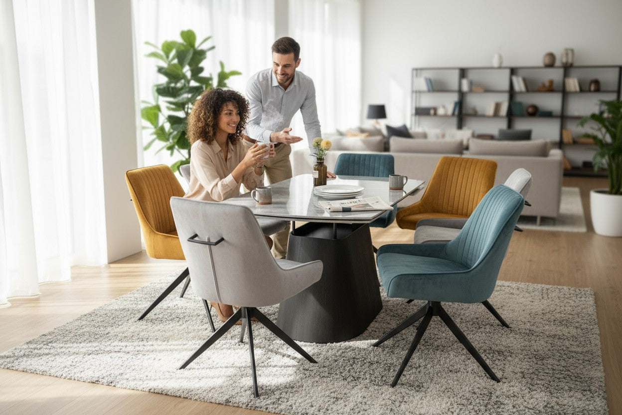 BELLUNO TWIST WOOD GREY WITH 6  RUSSELL MIXED COLOUR CHAIRS DINING SET