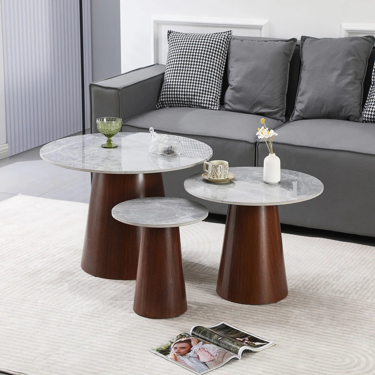 NESTING COFFEE TABLE, WITH WALNUT FURNISHED WOODEN BASE